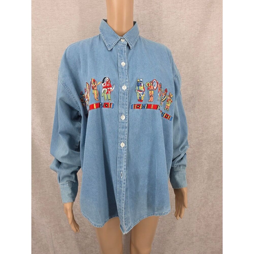 JouJou Vintage Embroidered Native American Light Wash Denim Button-Up Shirt